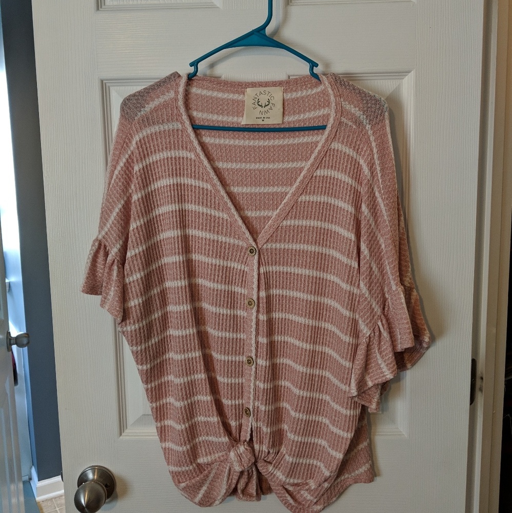 Ruffle Sleeve Waffle Knit Button Up Top